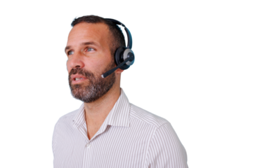 Male call center agent wearing headset providing customer service, support, and online assistance with transparent background