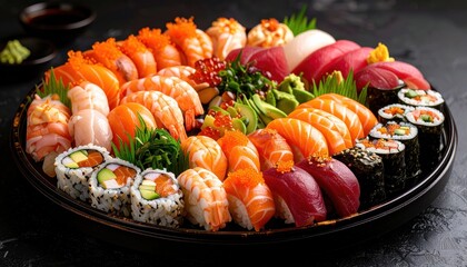 Large assorted sushi and sashimi platter on black plate with chopsticks, perfect for Japanese restaurant advertising, delivery services and Asian cuisine promotions.