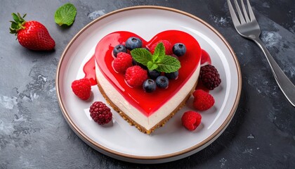 Heart shaped berry cheesecake with red jelly topping and fresh strawberries, blueberries and raspberries, perfect for Valentine’s day campaigns, bakery ads and romantic dessert ideas.