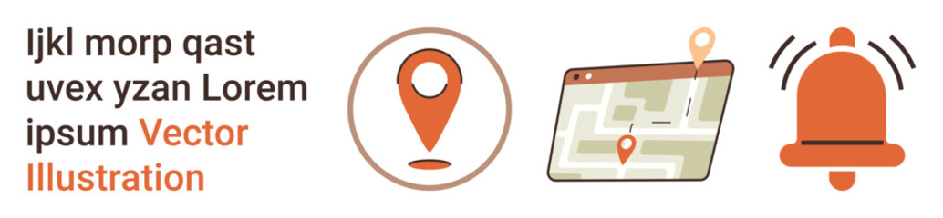 GPS tracking, location services, navigation technology, map usage, alerts, digital interfaces. A map with a pin and a notification bell. GPS tracking and location services concept