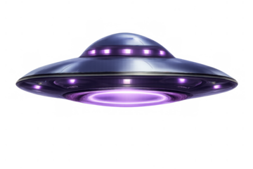 Ufo flying saucer hovering with vibrant purple light, alien spaceship for science fiction and outer space concepts