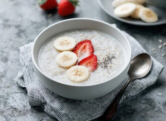 A clean‑eating, weight‑loss‑friendly breakfast of oatmeal porridge with banana slices, vegetarian or vegan friendly