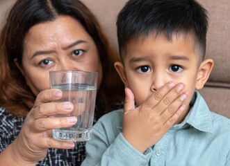 The charming Asian baby boy signals, using his hands to mimic a closed mouth, that he refuses his mother's cow milk, demonstrating a lack of appetite and a food rejection concept