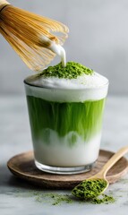 A refreshing iced matcha latte using real Uji Japanese matcha, poured into milk