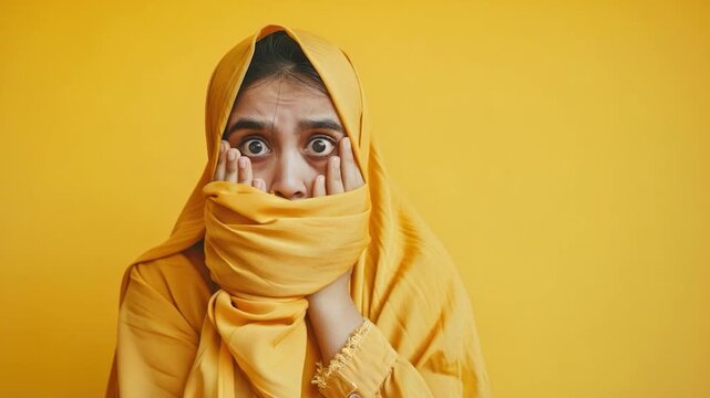 Video A woman wears a yellow scarf to conceal her face, suggesting secrecy or anonymity