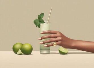 A woman's hand holding a glass of fresh Mojito cocktail, mint sprigs, set against a white background