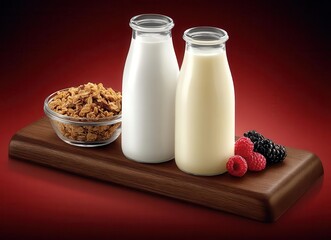 The table holds a jar containing tasty yogurt, granola, and berries