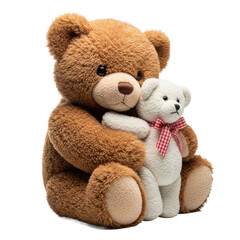 Obraz premium large brown fluffy teddy bear hugging a small white plush bear with a gingham bow, sitting on a reflective white surface under soft studio light. concept of comfort and love