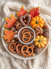 Flat‑lay composition of a tea or coffee cup, pumpkin, apples, pretzels, nuts, and fallen leaves on plaid, set in an autumn background, embodying a cozy food‑filled tea party and harvest concept