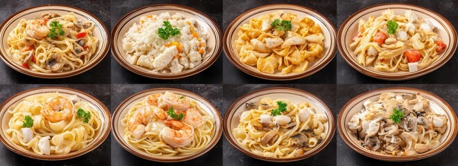 Featuring a range of healthy gourmet meals and beverages, this horizontal collage menu design highlights food and drinks