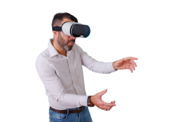 Man wearing virtual reality headset, interacting with metaverse, exploring future technology, transparent background