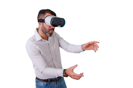 Man wearing virtual reality headset, interacting with metaverse, exploring future technology, transparent background - Powered by Adobe