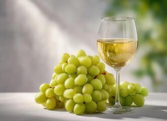 White wine in a glass and a cluster of grapes are placed on a white table