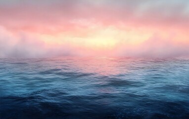 Obraz premium A tranquil seascape at twilight, showcasing gentle waves reflecting soft pink and blue hues as the sun sets below a misty horizon, creating a serene and peaceful atmosphere.