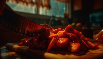 Hands of a couple in the kitchen blend strawberries into a smoothie, crafting a detox breakfast beverage that aids gut health, with a closeup of fruit, nutrition, and a blender as they create juice