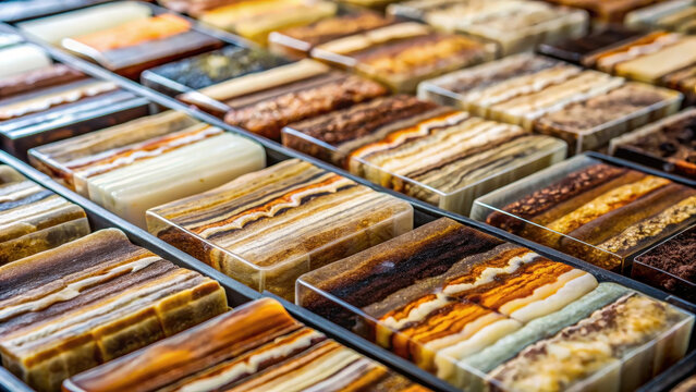 Macro photo of labeled geological core samples arranged in tray showing rock structure pattern and mineral layers