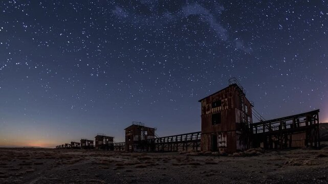 Old, rusted buildings stand silently under a starry sky as the twilight glows faintly on the horizon. Each weathered structure tells a story of the past, embraced by the vast lands