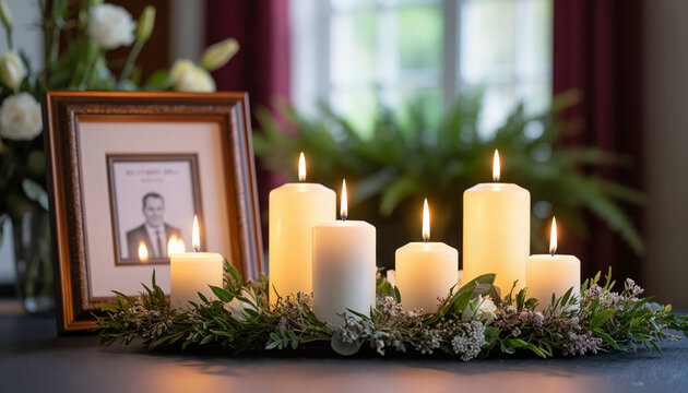 Arrangement of lit candles with framed photo in beautiful setting  