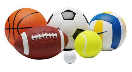 Six diverse sports balls&mdash;basketball, football, soccer, volleyball, tennis, golf&mdash;pristinely arranged on a bright, transparent studio background with soft shadows, concept of athletic variety