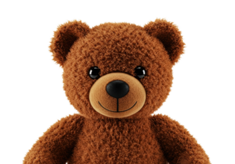 photorealistic, caramel-brown plush teddy bear with textured, fluffy fur and button eyes, isolated against a seamless high-key white background with copy space. concept of cherished innocence