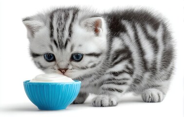 The baby cat, a blue‑bowl‑loving tabby, drinks milk without raising its head, its mouth wide and tongue sticking out, set against a white background