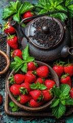 Green background showcases an aromatic herbal drink with berries