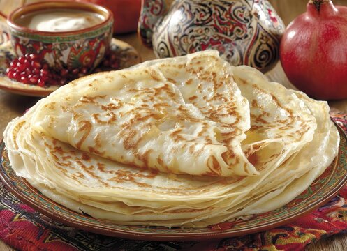 Rustic Russian breakfast: tasty pancakes with honey, neatly arranged on a plate