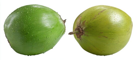 A green coconut featuring a water droplet, isolated on a white background