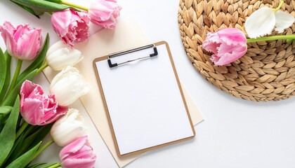 Composition with pink & white tulips, clipboard, straw mat, and a blank paper