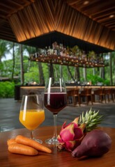 Natural daylight illuminates a wooden bar counter where a selection of refreshing, colorful cold drinks, such as a yellow and a red beverage, are showcased against a bright, informal background