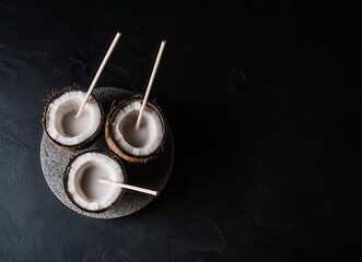 From a top perspective, coconut milk and both whole and cracked coconuts sit on a black background