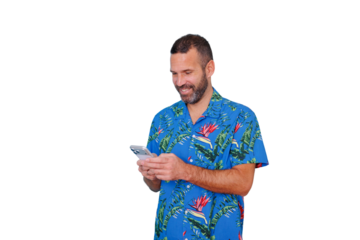 Happy man in tropical shirt using smartphone, smiling and communicating through mobile technology