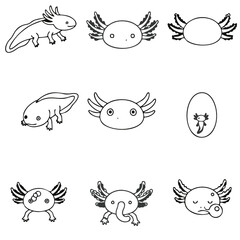 Vector illustration collection features black and white axolotl amphibians in various poses, including a realistic side view, cute cartoon faces, an embryo, and whimsical expressions