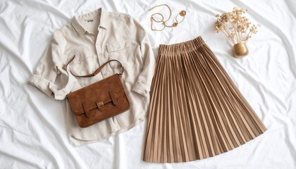 Flat lay of a beige shirt, pleated skirt, brown bag, gold necklace, and dried flowers