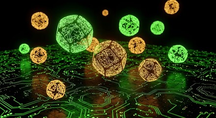 Digital circuit landscape with glowing geodesic dome spheres abstract