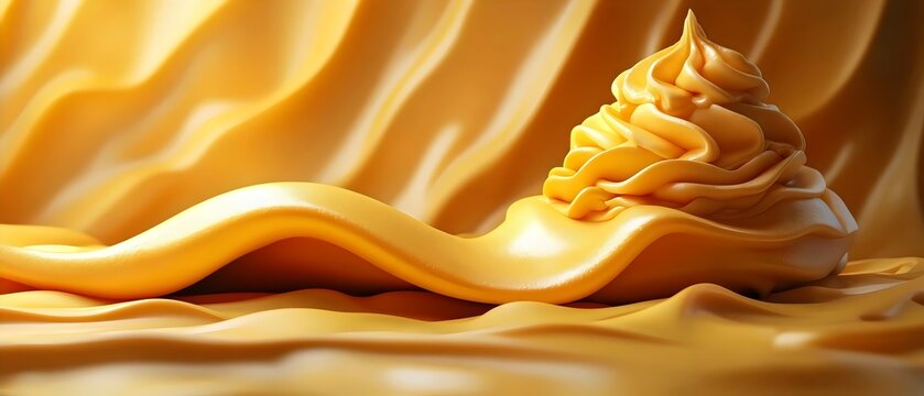 A vivid swirl of creamy yellow dessert topping, elegantly cascading on a smooth textured background that enhances its rich and decadent appearance.