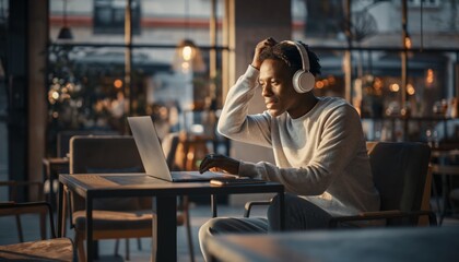 Young Black man working on laptop with headphones, looking focused and engaged in a modern cafe setting with warm daylight streaming in.