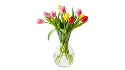 Chic glass vase with fresh tulip flowers for spring home decor isolated on white background 