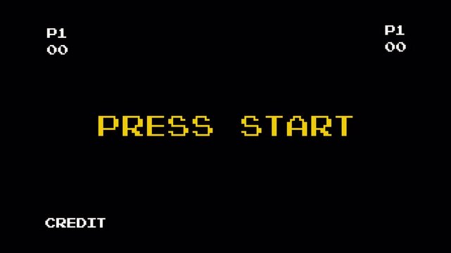 Retro 8 Bit Arcade Game Screen Animation Featuring Pixel Art Text: Press Start, Insert Coin, Vintage Computer Game Assets on Dark Background 4k video animation seamless loop