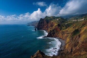 Fototapeta premium Dramatic cliffside coastline with ocean waves crashing against rugged rocks