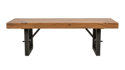 Rustic solid wood dining bench with sturdy metal legs viewed from front isolated on white background