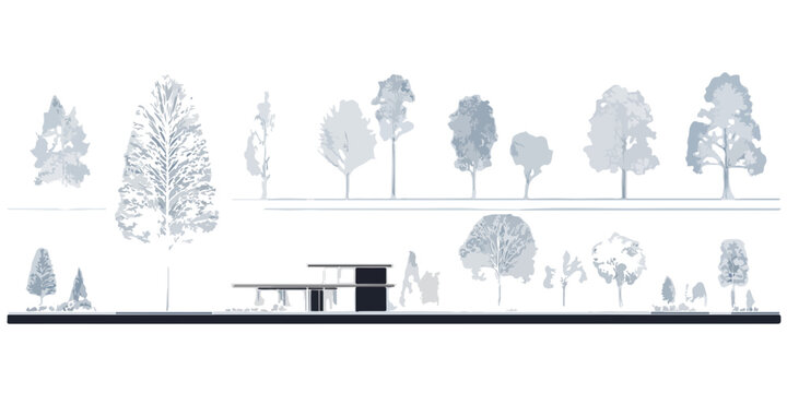 Detailed architectural section drawing showcasing a contemporary building design with diverse tree silhouettes, ideal for transparent overlays.