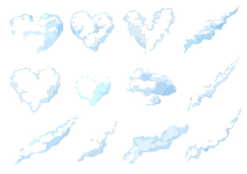 Collection of whimsical transparent cloud shapes, including romantic heart forms and dynamic wisps, perfect for design elements.