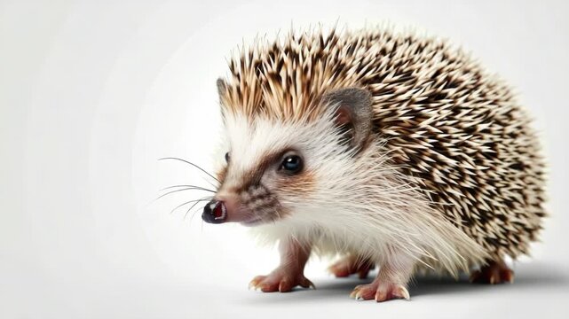 A small hedgehog standing on a white surface, facing the camera with its spines pointing forward.