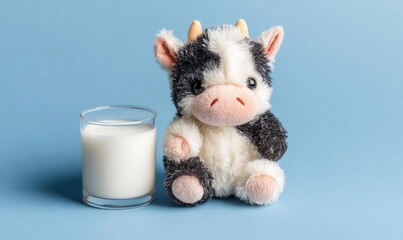 In kindergarten and childhood, milk's nutritional value and its health benefits are showcased by a charming soft white cow toy holding a glass of milk, emphasizing natural cow milk production