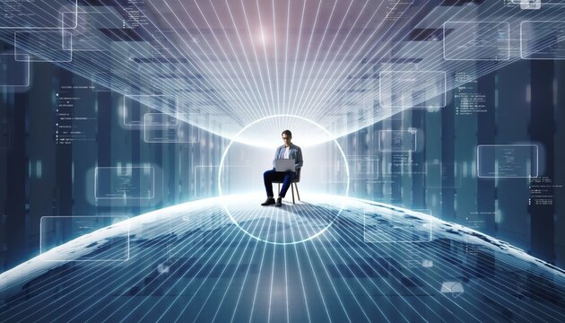 Man using a laptop sits on a chair above a glowing digital Earth, immersed in a futuristic network of data and global connectivity. - Powered by Adobe