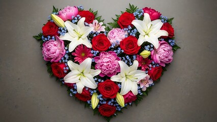 Floral heart arrangement featuring roses, lilies and peonies for love themes