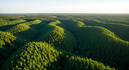 Lush green forest landscape with rolling hills bathed in sunlight