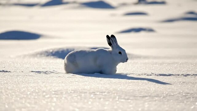 White arctic hare camouflaged against bright sunlit snow in a vast winter landscape