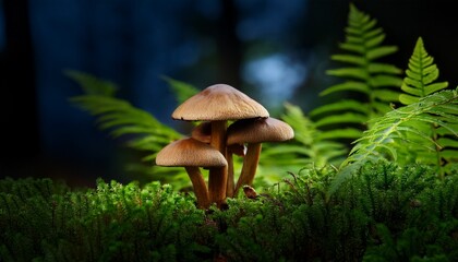 Fototapeta premium Mushrooms Nestled Among Lush Green Ferns In A Moody Atmosphere
